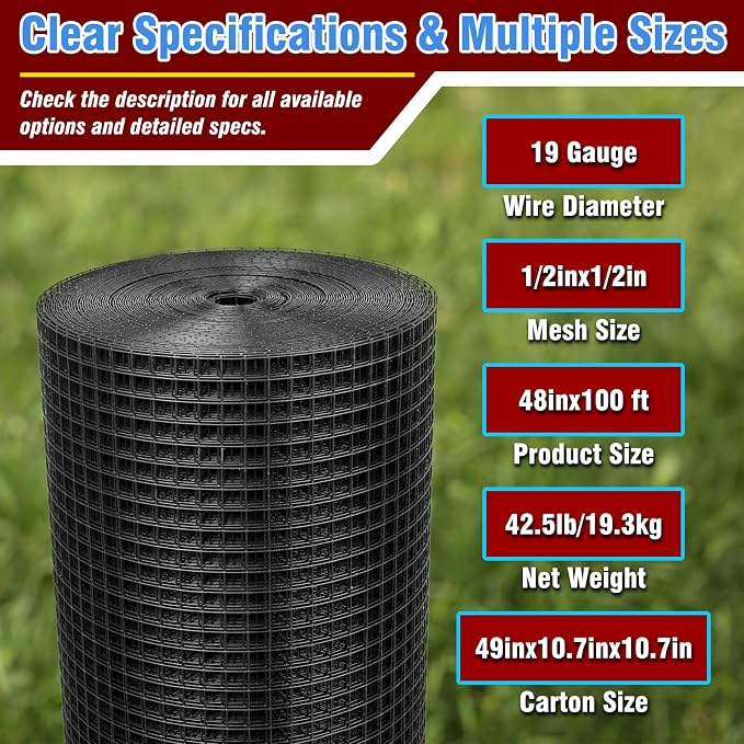 Black Hardware Cloth 1/2inx48inx100ft, 19GA, Chicken Wire Fencing Roll, Black Chicken Wire Mesh, Vinyl PVC Coated Welded Wire Mesh for Chicken Coop Barrier, Rabbit Snake Poultry Fences