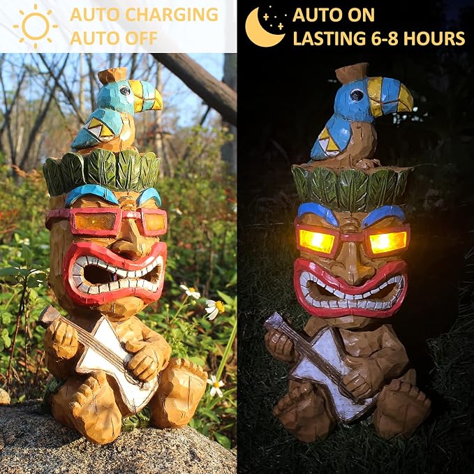 Solar Tiki Garden Statue Outdoor Decor - Tiki Bar Decorations 11.69 inch Tall for Outdoor Patio, Balcony, Yard, Backyard,Lawn,Tiki Gifts
