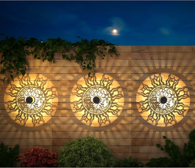 gardencave 2 Pack Solar Fence Lights Metal Solar Powered Outdoor Wall Deck Lights Sun Moon Theme Waterproof Fence Light for Garden Post Patio Backyard Yard Decor (Face, 2 Pack)