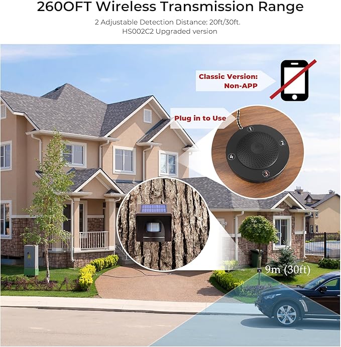 eMACROS Solar Wireless Driveway Alarm System (1/2 Mile Range, 1 Receiver & 2 Solar Sensors) - Weatherproof Outdoor Motion Detector for Farm, Long Driveway & Property Security