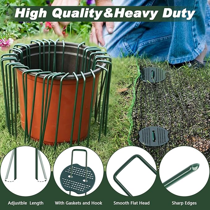 FEED GARDEN 6 Inch 200 Pcs Galvanized Landscape Staples 200 Pcs Gaskets Pick Hook Garden Stakes 11 Gauge Anti-Rust Landscaping Fabric SOD Pins U Shaped Yard Turf Stakes for Weed Barrier Fabric Green