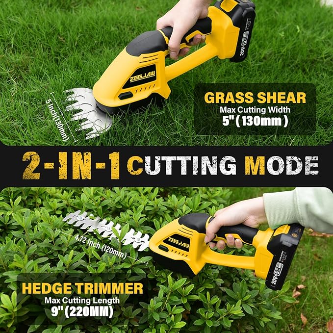20V Cordless Grass Shear & Shrubbery Trimmer 2-in-1 Handheld Hedge Trimmer with 2.0Ah Battery and Fast Charger, Small Electric Bush Trimmer for Garden, Yard, Lawn Maintenance