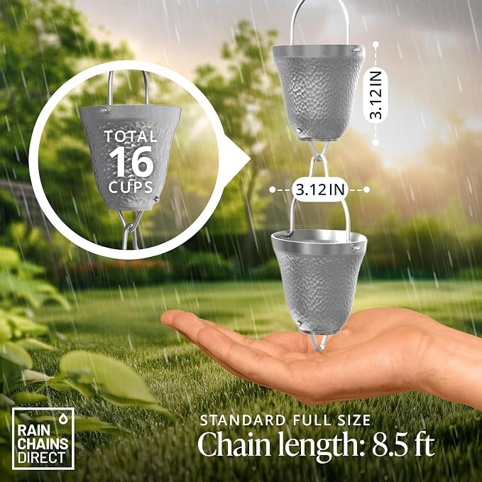 Rain Chains Direct - Contempo Rain Chain - 8.5 FT - Durable Milled Aluminum (Gray) - Premium Rain Chains for Gutters