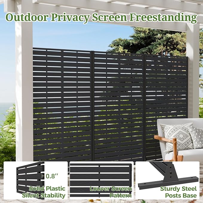 Privacy Screen Outdoor 60" Hx35 W Freestanding Privacy Panel with Stand, HDPE Decorative Privacy Fence with Louver Pattern 5 Panels, Patio Divider Screen, Privacy Screens for Outside