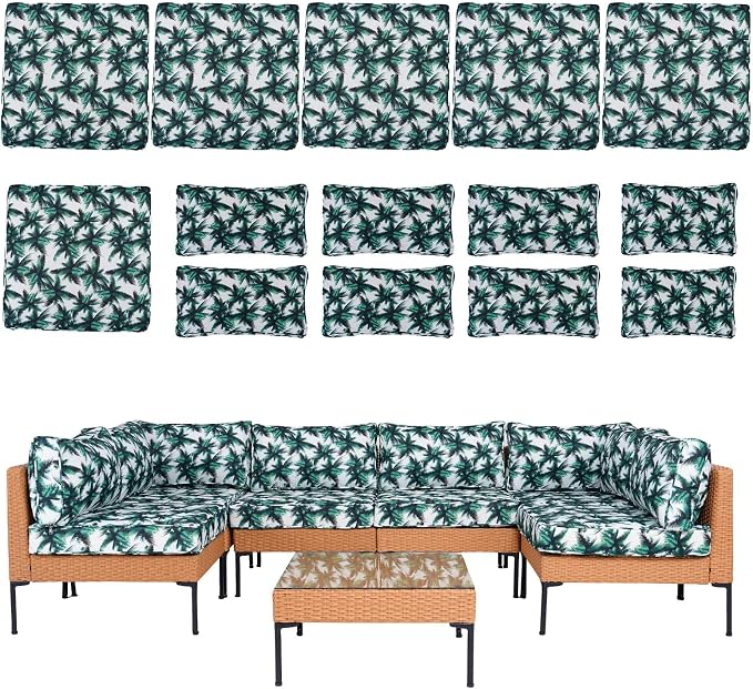 14 Piece Outdoor Patio Cushion Covers Replacement Waterproof with Zipper for 6-Seater Sectional Couch Chair Patio Furniture Conversation Sofa Seat Cushions Slipcovers Set, Only Cover