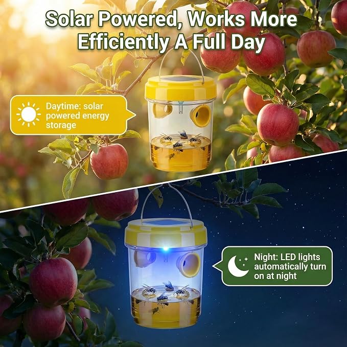 Wasp Trap Solar Powered 4 Packs, 2026 Upgrade Yellow Jacket Trap, Bee Traps Outdoor Hanging, Carpenter Bee Traps for Outside, Flying Insect Trap Reusable Hornet Catcher with LED Light