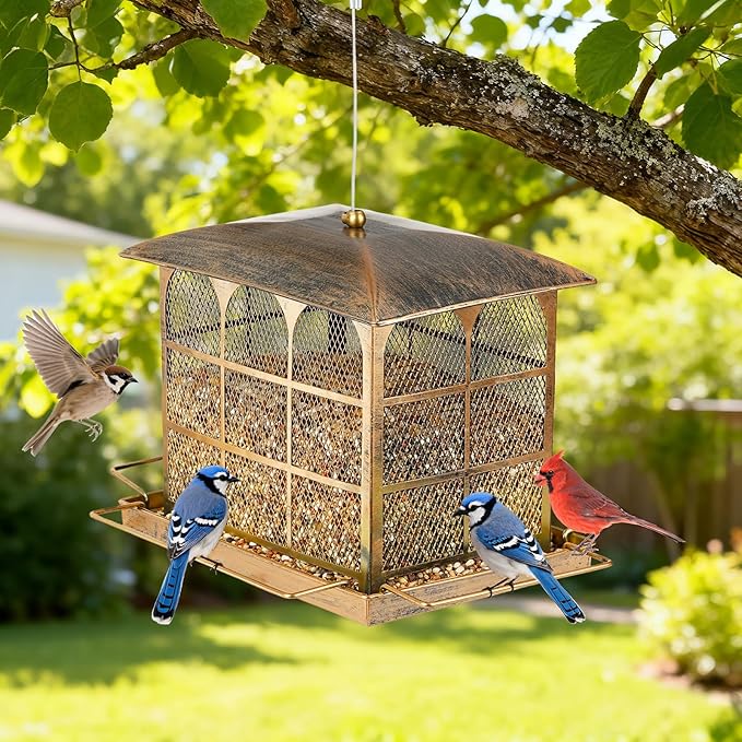 Large Bird Feeder, Heavy Duty Metal Bird Feeders for Outdoor Hanging, 9.5LB Seed Capacity Wild Birdfeeder for Outside Garden Decoration