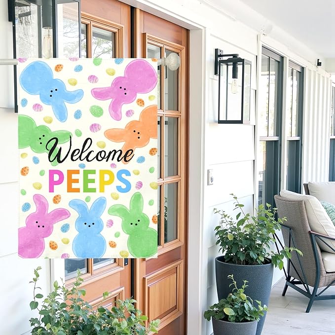 Welcome Peeps Easter Garden Flag 28x40 Inch Large Outdoor Spring Double Sided Bunny Egg House Banners Colorful Porch Garden Flag Holiday Home Flags Decor Durable Seasonal Welcome Sign