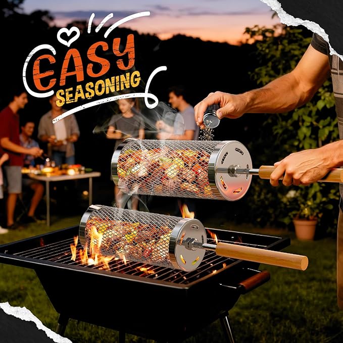 Rolling Grill Basket 2-Pack,304 Stainless Steel Grill Basket with Removable Wooden Handle,BBQ Tool & Smoker Accessory for Veg & Shrimp,Ideal for Outdoor Cooking,Camping & Gifts for Dad/Husband/Men