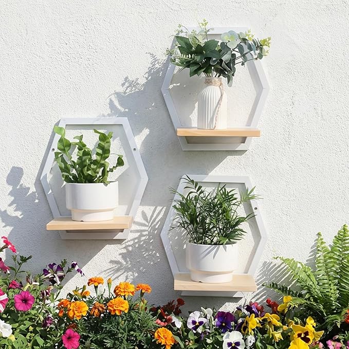 3 Pack Solid Wood & Heavy Duty Metal Wall Plant Stands,9 inch Natural Wood Shelf, Boho Arch Hanging Planter for Indoor 25 LB Load for Plants White