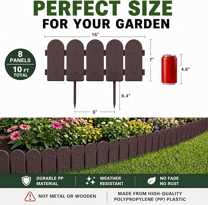 Evelyne Garden Border Plastic Edging: Wooden Fence Design - 8pcs Brown Yard Landscaping Fence Liner Lawn Edge Barrier - 10ft Kit of Decorative Lawn Panels Elements -Landscaping Edging-GMT-10374-A08