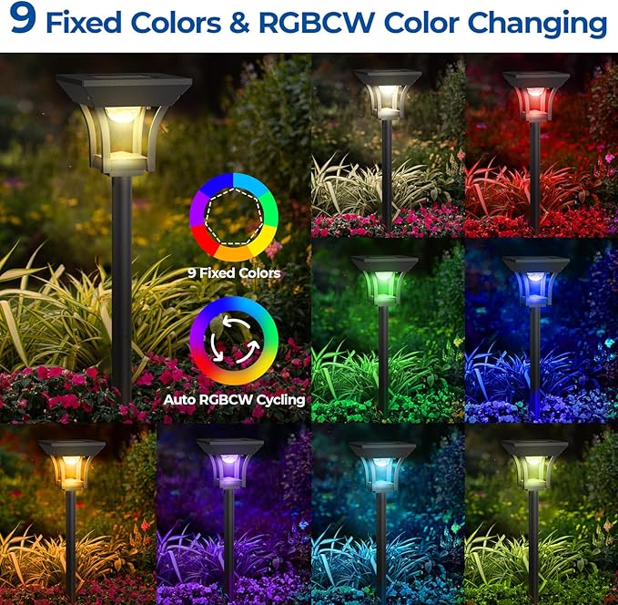 CINOTON 24 Pack RGBCW Solar Pathway Outdoor Lights, 3 Lighting Modes Solar LED Garden Lights, IP65 Waterproof Outside Solar Powered Landscape Lighting for Planter Lawn Pool Balcony RGB/Warm/Cold White