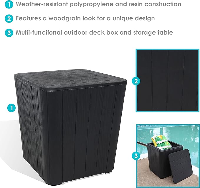 Sunnydaze 11.5-Gallon Outdoor Deck Box - Weather-Resistant Side Table with Storage for Cushions, Garden Tools, Pool Supplies - Phantom Gray - Faux Plank