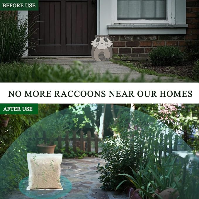 Natural Raccoon Repellent Granules – 8-Pack (25g per Bag) | Eco-Friendly, Non-Toxic & Long-Lasting Protection with Garlic, Peppermint & Wintergreen Oils | Family and Pets Safe