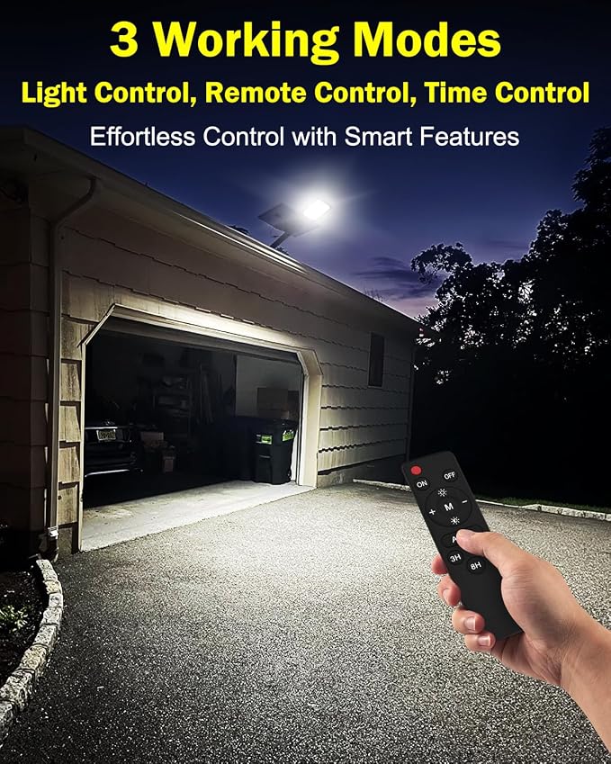 Engrepo Solar Street Lights Outdoor, 15-Hour Runtime IP65 Waterproof LED Flood Lights with Remote Control Dusk to Dawn Security Light for Wall, Parking Lot, Barn, 20000mAh