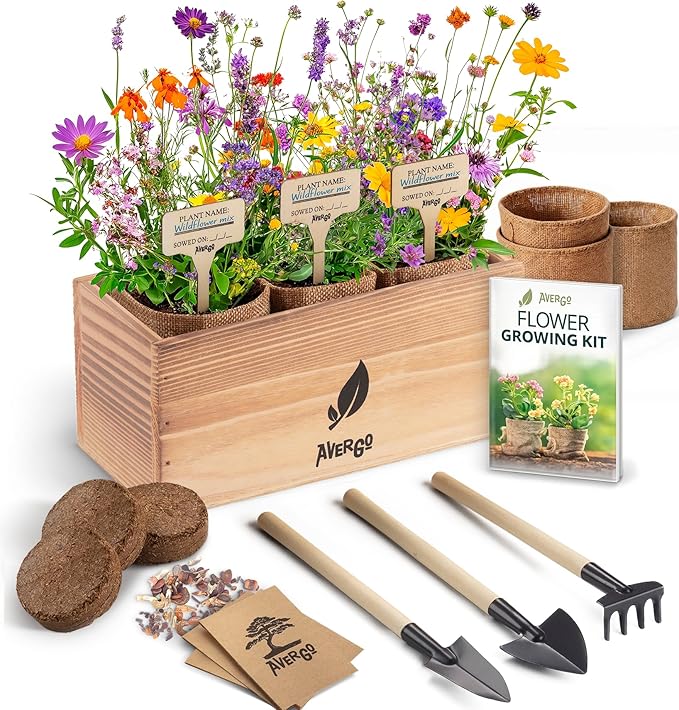 AVERGO Wildflower Seed Mix Growing Kit - Includes Perennial & Annual Wild Flowers, Burlap Planters, Soil, Wooden Box, and Gardening Tools for Indoor Garden and Patio Planting