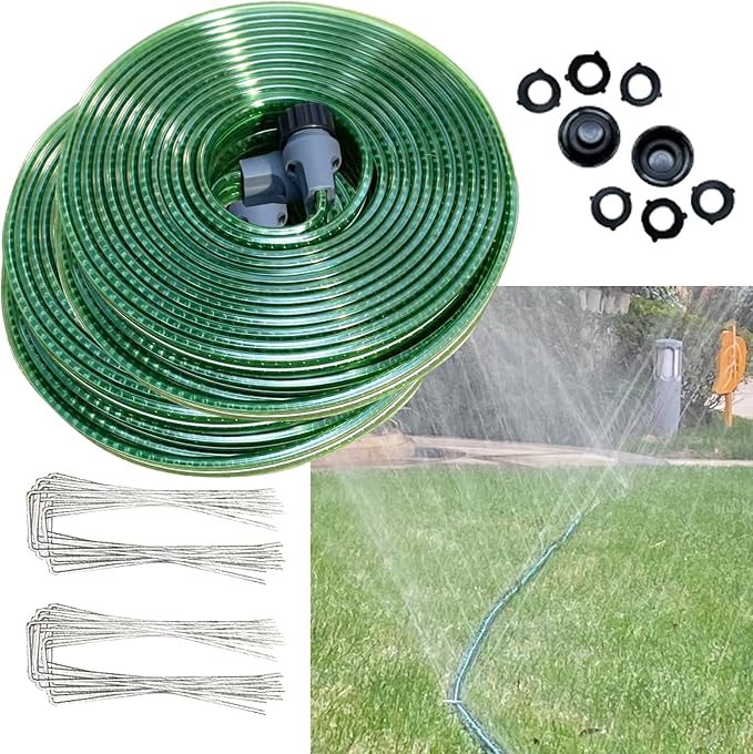 Secbulk 2026 Reinforced Sprinkler Hose & Soaker Hose for Yard - 100FT (50ft*2) Flat Garden Hose with Holes, Heavy Duty No-Kink Lawn Irrigation Hose (Includes Stakes, High Pressure Spray)