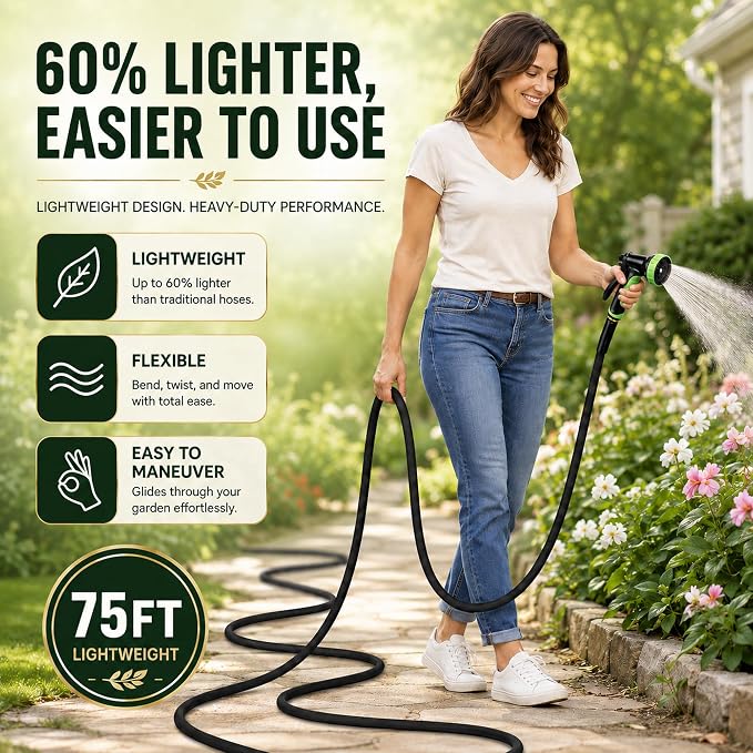 Garden Hose 75FT, NON-EXPANDABLE Flexible Water Hose, Lightweight, Kink-Free, High-pressure Hose Male to Female Fittings for Watering Plants, Washing Cars, Cleaning Patios and Bathing Pets.