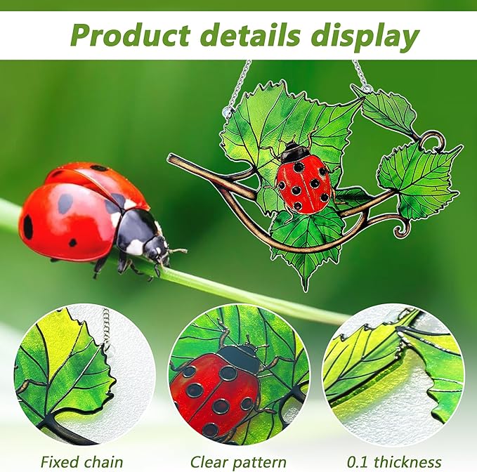 Plant Suncatcher Glass, Stained Glass Suncatcher Plant Window Hanging, Unique Nature Lover Gifts Leaf (Leaves & Ladybug)