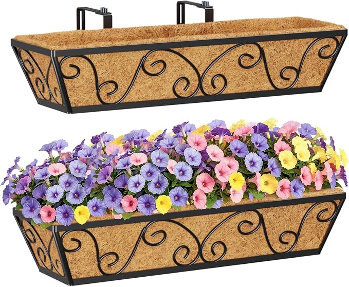 HFHOME 24 Inch Railing Planter Box with Coco Liners for Porch, Fence, Patio, Balcony Hanging Flower Railing Baskets with Adjustable Brackets for Outdoor Garden - 2 Packs