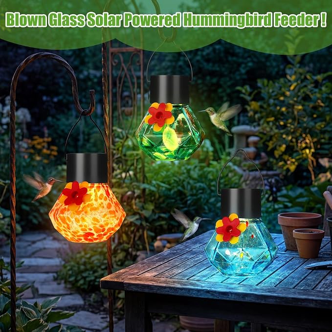 Nuogo 3 Pcs 3.54 Inch Blown Glass Hummingbird Feeders Solar Powered Hummingbird Feeder with LED Light for Garden Outdoors Window Decor Valentine Hanging Gifts Ant and Bee Resistant (Color C,Novel)