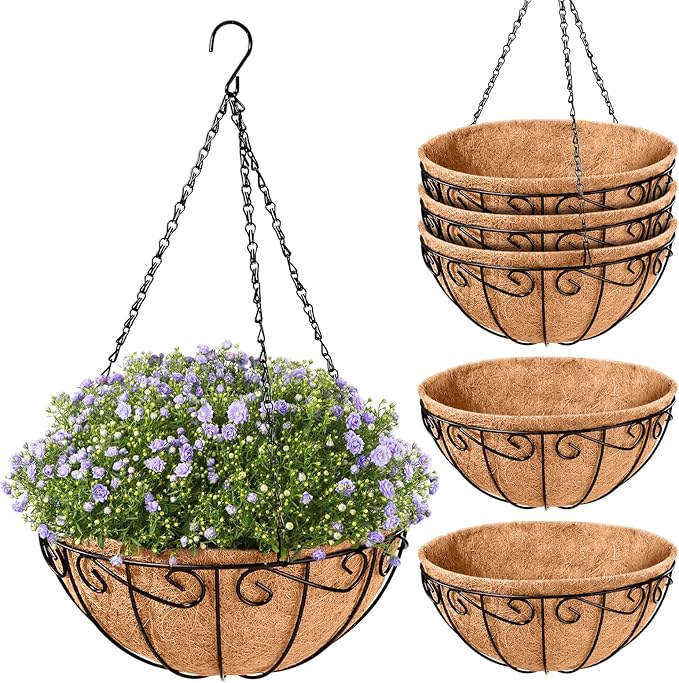 Legigo 6 Pack 10 Inch Metal Hanging Baskets for Plants Outdoor- Round Wire Hanging Planters Basket with Coconut Coir Liner, Hanging Flower Pot for Outdoor Plants Flowers Garden Decorations