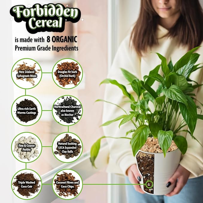 Forbidden Cereal Aroid Potting Mix 6.5QT – Chunky High-Draining Soil for Monsteras, Hoyas, Orchids & Tropical Indoor Houseplants – 8 Organic Ingredients, Peat-Free, Soilless Growing & Repotting Mix
