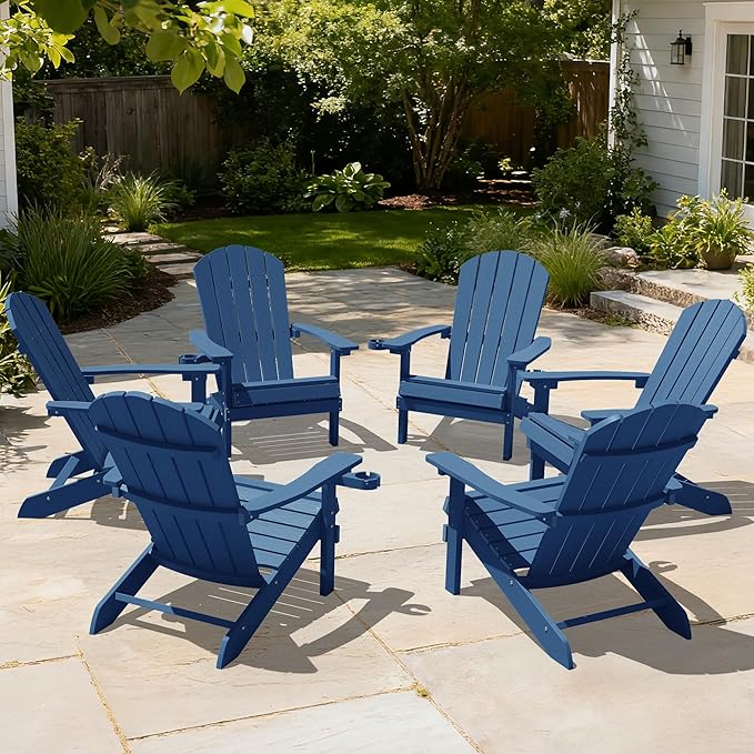YEFU Adirondack Chairs Set of 6: Outdoor Chair HIPS Plastic Adirondack Chairs - Patio Chairs with Wood Texture - Lawn Fire Pit Deck Porch Garden Chairs for Adults (Navy Blue)