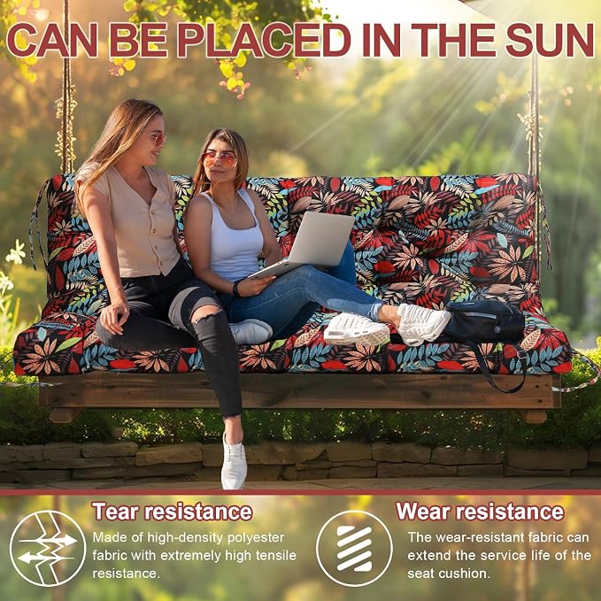 Premium 5" Thick Waterproof Outdoor Swing Cushions Sturdy Durable 2 Seat Replacement Porch Swing Cushions with Backrest&Ties Bench Cushion for Outdoor Furniture Backyard Patio(Flower01)