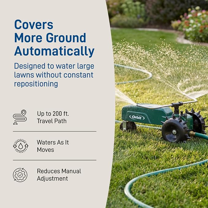 Orbit Traveling Tractor Water Sprinkler - Self-Propelled Traveling Sprinkler for Wide Lawn Coverage - Cast-Iron Body with Adjustable Coverage - Three-Speed - Automatic Shut Off - 58322