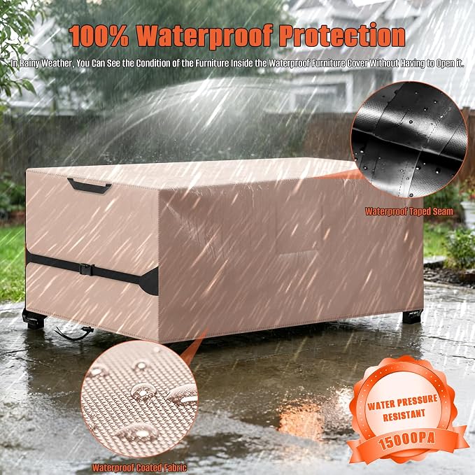 Rectangular Patio Table Cover, 96"Lx48"Wx28"H, 600D Waterproof, Khaki | Kovshuiwe Garden Furniture Covers for Shade and Rain Protection Fits Outdoor Dining Table and Chairs Furniture