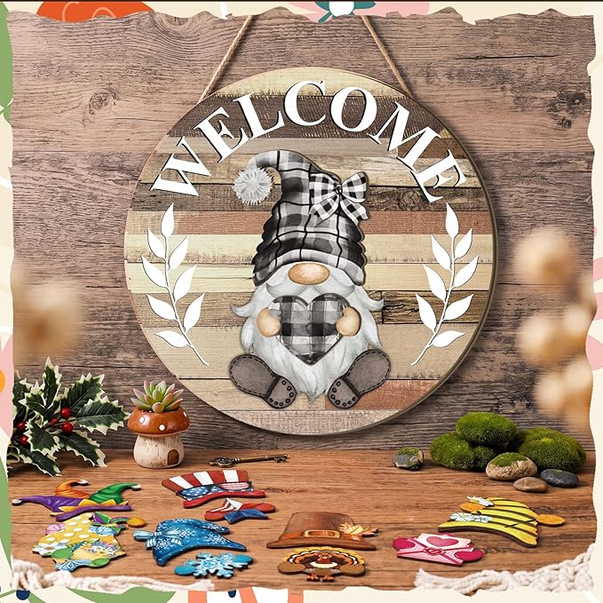 Qunclay Interchangeable Wooden Gnome Decor Holiday Seasonal Gnome Decorations with Magnet Pieces and Detachable Hats Changeable Welcome Sign for Home(Yellow)