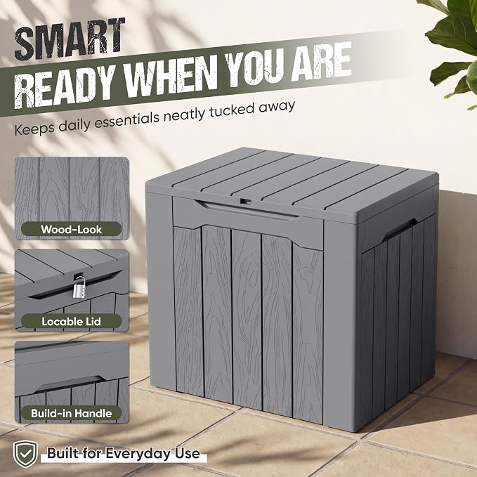 Flamaker Deck Box 30 Gallon, Waterproof Resin Small Storage Box with Lid, Outdoor Patio Furniture Cushion Garden Tool Organizer, Lockable Package Delivery Box for Porch Balcony (Gray)