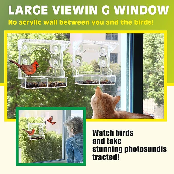 2PCS Window Bird Feeder with 4 Extra Strong Suction Cups, Clear Birdfeeders Bird House for Outdoors Window Viewing Outside, Removable Tray Birdhouse