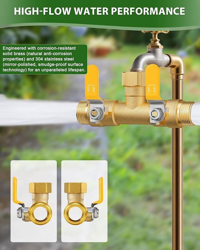 Hose Splitter 2 Way, Heavy Duty Brass Garden Hose Splitter | 0.59" Full Flow Ball Valve Outlet, Shut-Off Valve, 3/4" GHT Thread Water Hose Connector For Outdoor Spigot Faucet (Yellow)
