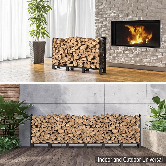 SunyesYoon Firewood Rack Outdoor 8ft with Waterproof Cover - Heavy Duty Log Rack Indoor Holder, Upgraded Adjustable Fire Wood Racks, Storage Organizer Stand Tool for Fireplace, Black