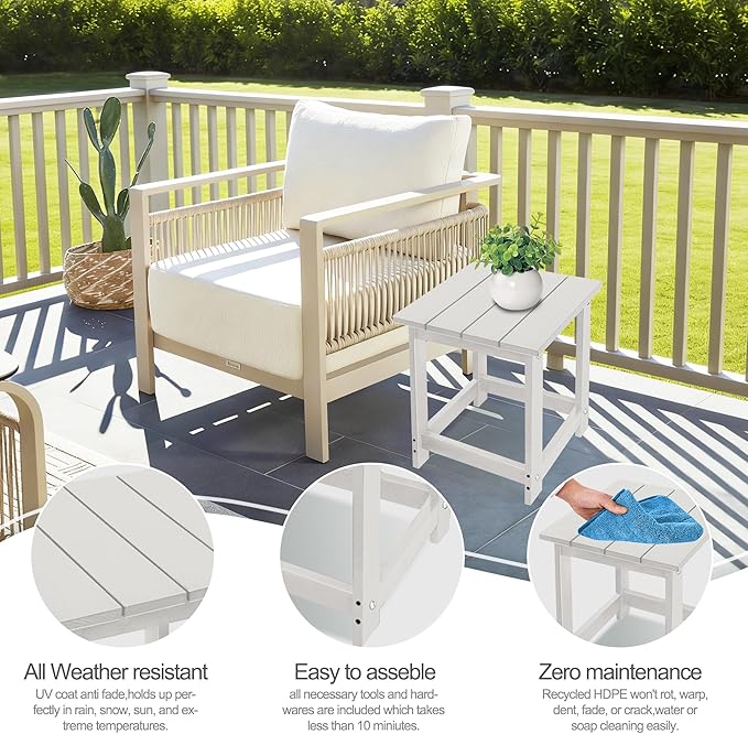 LZRS Square Patio Side Table, Heavy Duty HDPE Outdoor End Table with Wood Texture, Weatherproof Composite Table for Adirondack Chairs, Deck, Pool, Indoor/Outdoor, No Peeling or Cracking(Sand)