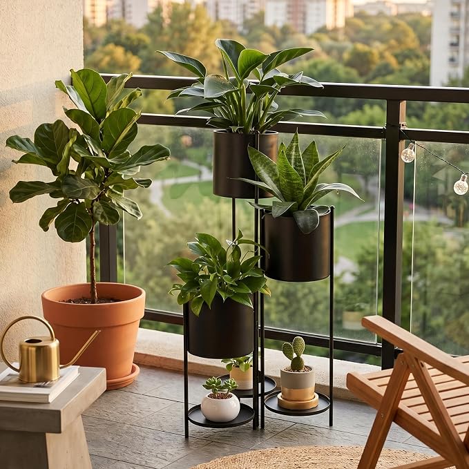 TRIROCKS 35.5'' High Metal Plant Stand 6 Tier 6 Potted Indoor Flower Pot Stand Holder Shelf Outdoor Foldable Decorative Storage Shelf Rack for Multiple Potted Plants Patio Garden Living Room Corner(Black)
