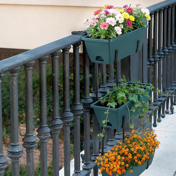 Window Boxes Planters with Adjustable Brackets Set of 2 Outdoor Fence Planters, Over the Deck Railing Planter Box with 6 Pack Hanging Plastic Flower Pots, Drainage Holes for Balcony, Patio, Green