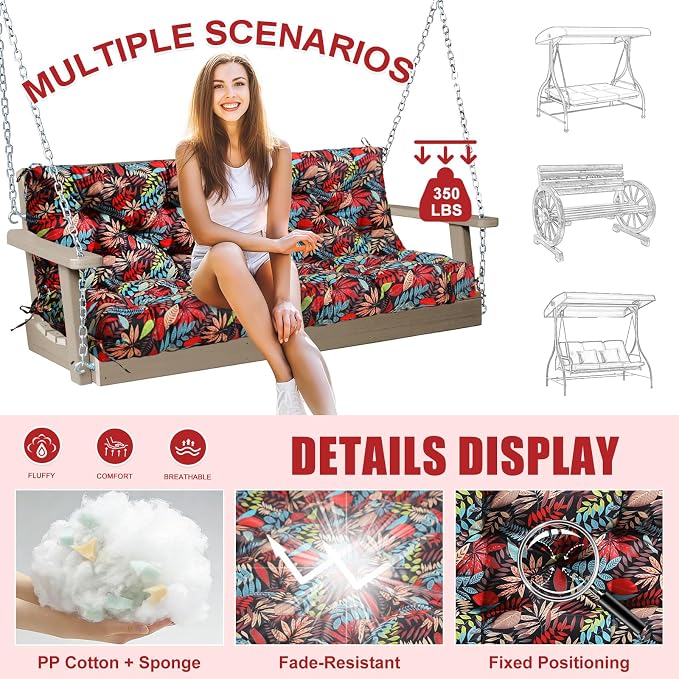 Porch Swing Cushions Outdoor 70 inch x 40 Waterproof Swing Cushions 3 Seater Replacement with Backrest & 8 Ties 5" Thick Bench Swing Cushions for Outdoor Furniture Patio(Red Leaves)