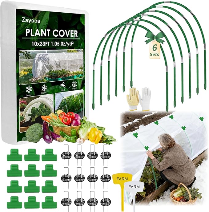 10x33FT Plant Covers Freeze Protection Kit, Garden Hoops Winter Kit, Frost Blankets for Outdoor Plants, Raised Bed Snow Protection, Reusable Winter Row Cover for Greenhouses