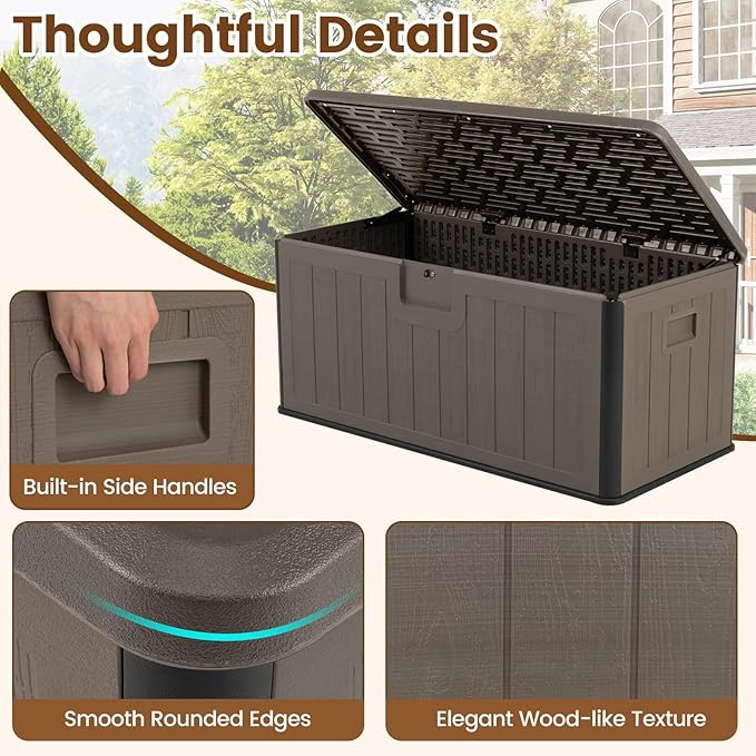 Giantex 100 Gallon Deck Box, Waterproof Resin Box with Lockable Lid, 440Lbs Outdoor HDPE Storage Container Bench for Patio Furniture Cushions, Pool Tools & Garden Accessories (Brown)