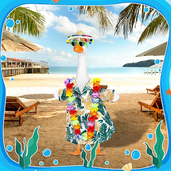 Hawaiian Goose Outfit with Sunglasses & Wreath,Porch Goose Outfits for 23" 17" Cement Plastic Goose Clothes Costumes,Garden Decor Goose and Duck Costume for Outdoor Statues