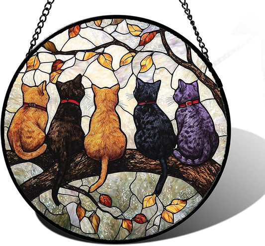 DASTOLL Stained Glass Window Hanging - 5 Cats on a Branch Suncatcher for Window Doors Home Decoration and Christmas, Mother's Day Father's Day Birthday Gifts for Women, Men, and Mom 7.8x7.8 in