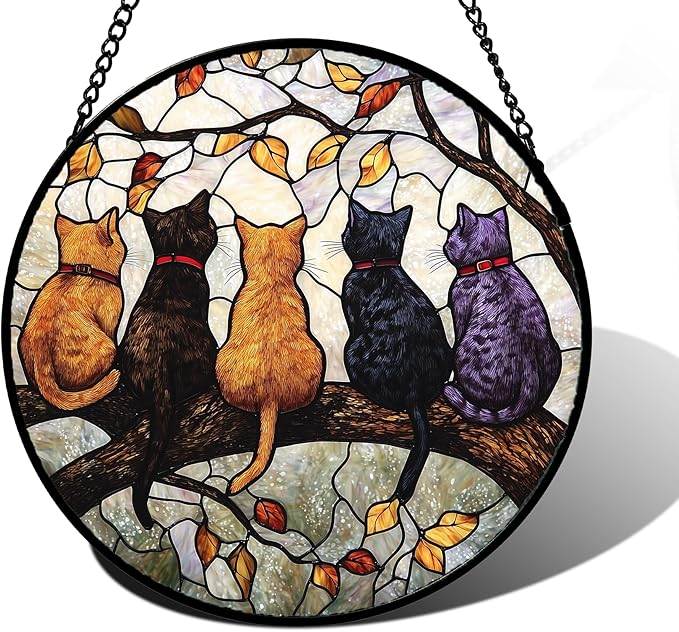 DASTOLL Stained Glass Window Hanging - 5 Cats on a Branch Suncatcher for Window Doors Home Decoration and Christmas, Mother's Day Father's Day Birthday Gifts for Women, Men, and Mom 6.3x6.3 in