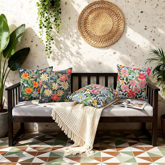 Pyonic Floral Outdoor Lumbar Pillows Covers 12x20 inch Waterproof Spring Summer Decor Outdoor Pillows for Patio Furnture Garden Bench Porch,Navy Blue