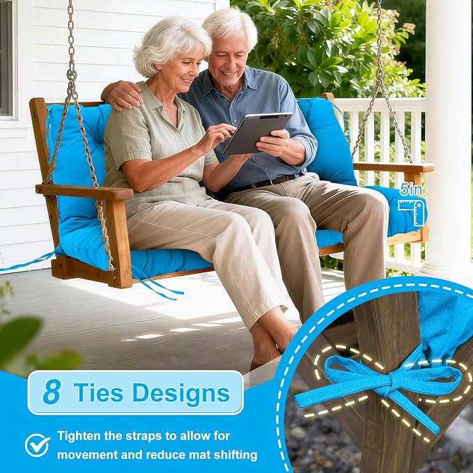 Porch Swing Cushions Outdoor 70 inch x 40 Waterproof Swing Cushions 3 Seater Replacement with Backrest & 8 Ties 5" Thick Bench Swing Cushions for Outdoor Furniture Patio(Peacock Blue)