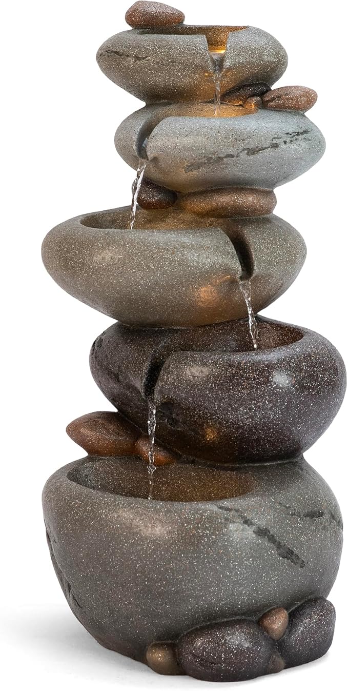 Glitzhome Water Fountain Outdoor, 5-Tiered Stacked Pebbles Outdoor Fountain with LED Lights and Pump, 24.5" H Zen Style Polyresin Waterfall Fountain Water Feature for Garden, Yard, Patio, Porch Decor