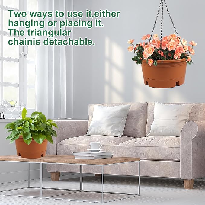 4 Pack 10 Inch Hanging Planters for Indoor Plants, Hanging Baskets for Plants Outdoor with Removable Tray, Plastic Round Hanging Flower Pots with Drainage Holes for Garden Home Decoration (Terracotta)
