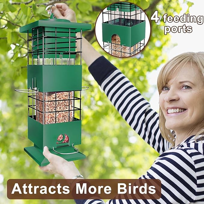 Squirrel Proof Bird Feeder, 3LBS Metal Hanging Bird Feeders for Outdoors, Weight-Activated Perches Wild Birdfeeder for Blue Jay, Cardinal (Green)